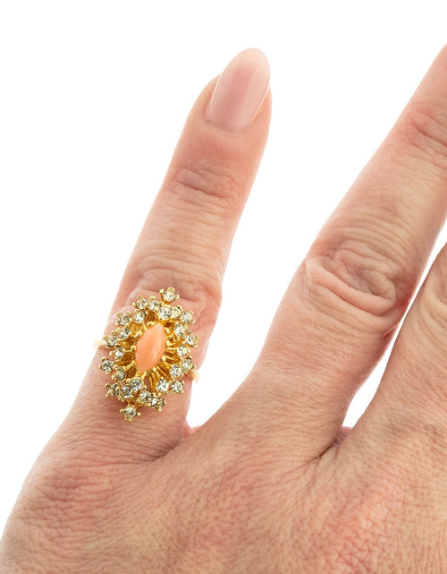 Load image into Gallery viewer, Vintage Ring Genuine Opal with Clear and Ruby Austrian Crystals 18kt Yellow Gold Electroplated by PVD Vintage Jewelry
