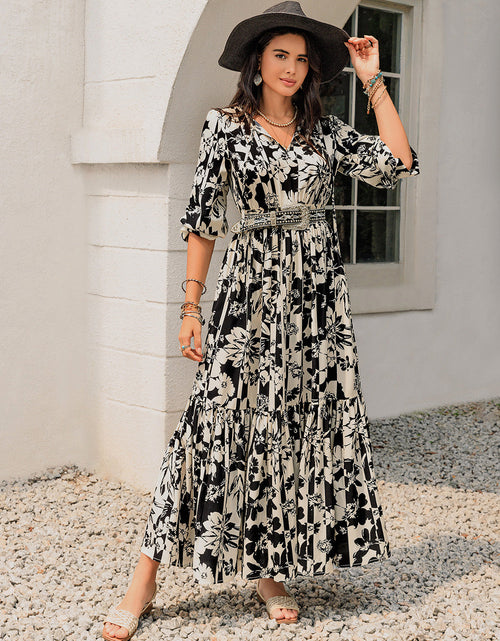Load image into Gallery viewer, Smocked Printed Tie Neck Long Sleeve Dress
