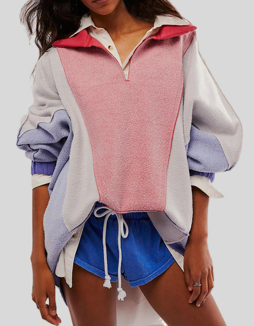 Load image into Gallery viewer, High-Low Exposed Seam Contrast Long Sleeve Sweatshirt
