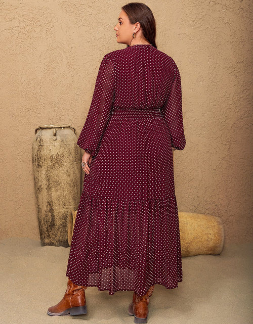 Load image into Gallery viewer, Plus Size Embroidered Polka Dot Tie Neck Long Sleeve Midi Dress

