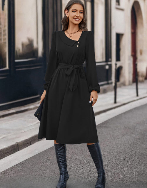 Load image into Gallery viewer, Buttoned Tie Front Long Sleeve Asymmetrical Neck Dress
