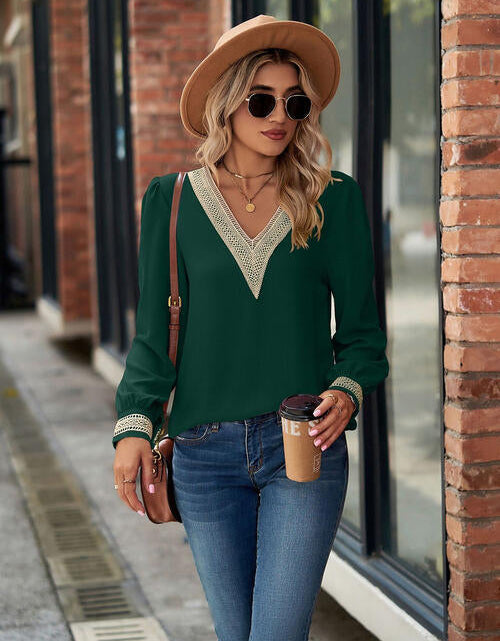 Load image into Gallery viewer, V-Neck Lace Detail Long Sleeve Top
