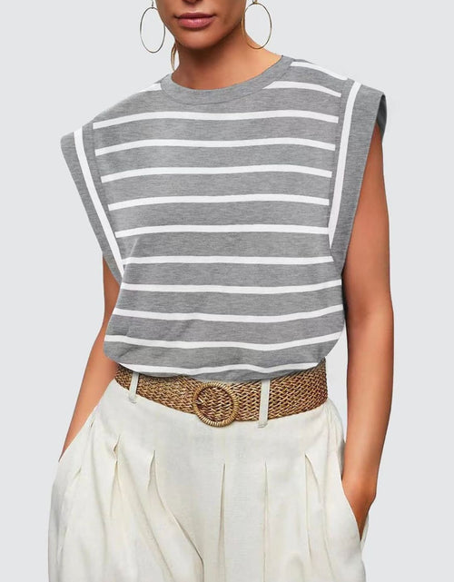 Load image into Gallery viewer, Florira Striped Round Neck Cap Sleeve T-Shirt

