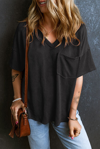 Load image into Gallery viewer, Textured V-Neck Dropped Shoulder T-Shirt
