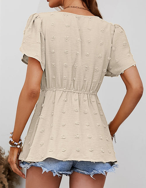 Load image into Gallery viewer, Swiss Dot Buttoned Petal Sleeve Peplum Blouse
