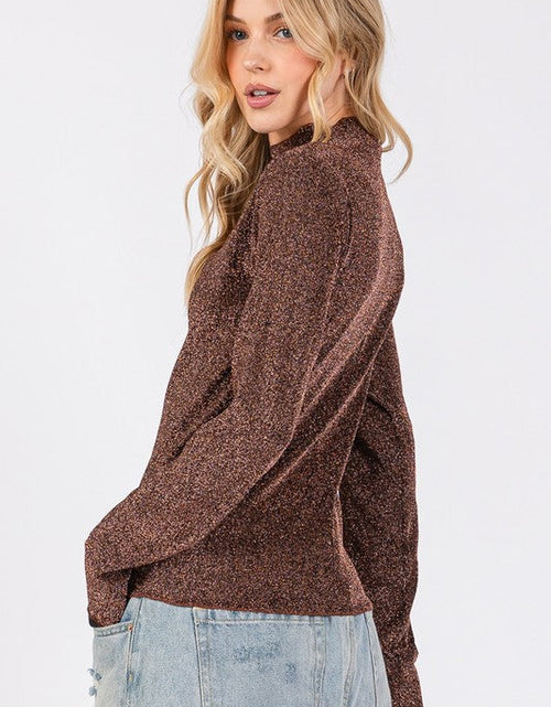 Load image into Gallery viewer, SAGE + FIG Glitter Mock Neck Lettuce Hem Long Sleeve Top
