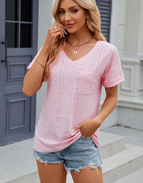 Load image into Gallery viewer, Eyelet V-Neck Short Sleeve T-Shirt
