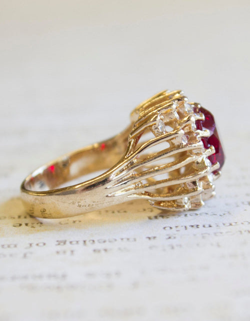 Load image into Gallery viewer, Vintage Emerald Green Crystal Cabochon Stone &amp; Clear Crystal Ring in 18kt Yellow Gold Electroplate by PVD Vintage Jewelry
