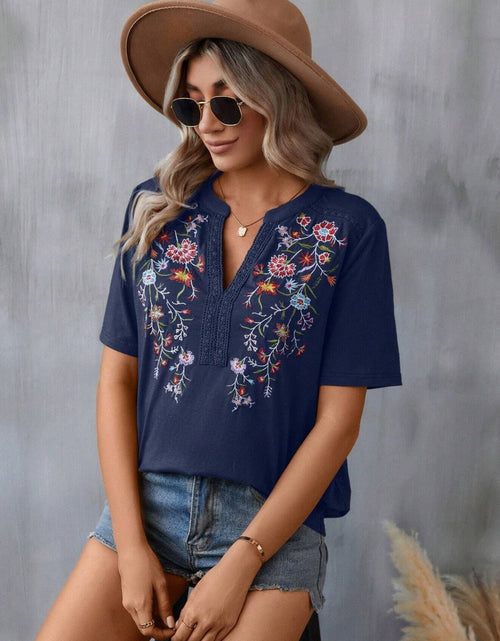 Load image into Gallery viewer, Embroidered Notched Short Sleeve T-Shirt
