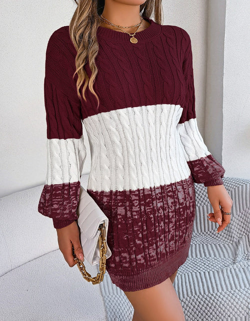 Load image into Gallery viewer, Cable-Knit Round Neck Color Block Sweater Dress
