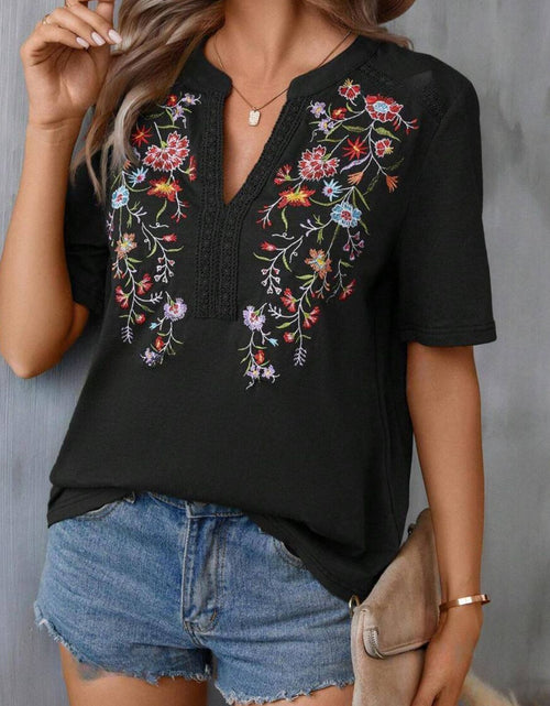 Load image into Gallery viewer, Embroidered Notched Short Sleeve T-Shirt
