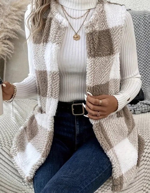Load image into Gallery viewer, Sherpa Plaid Open Front Vest Coat
