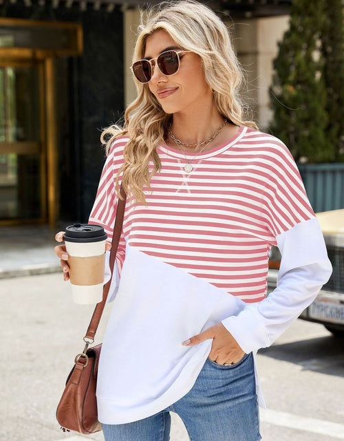 Load image into Gallery viewer, Slit Contrast Striped Long Sleeve Sweatshirt
