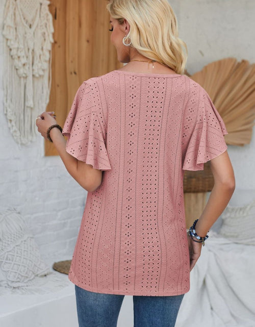 Load image into Gallery viewer, Eyelet Applique V-Neck Cap Sleeve T-Shirt
