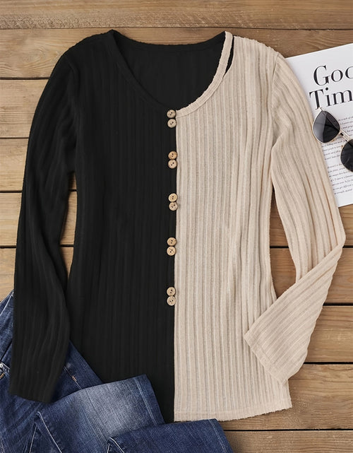 Load image into Gallery viewer, Decorative Button Contrast Round Neck Long Sleeve T-Shirt
