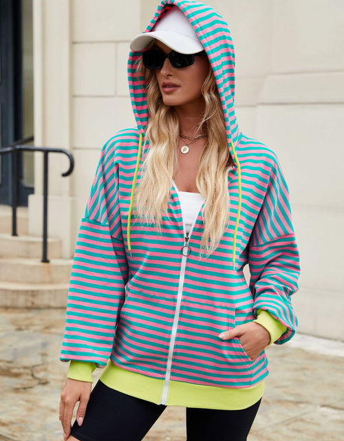 Load image into Gallery viewer, Drawstring Striped Zip Up Long Sleeve Hoodie
