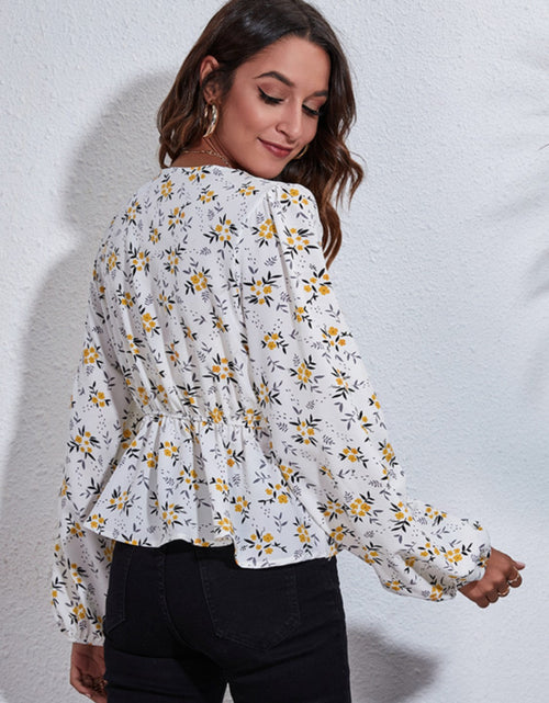 Load image into Gallery viewer, Floral V-Neck Balloon Sleeve Peplum Blouse
