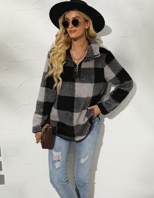 Load image into Gallery viewer, Shiny Plaid Half Zip Long Sleeve Sweatshirt
