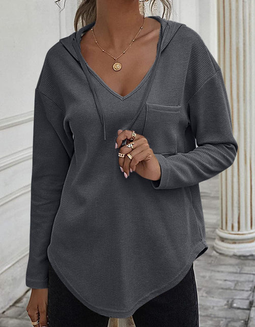 Load image into Gallery viewer, Drawstring Waffle Knit Long Sleeve Hooded Top
