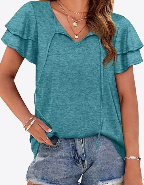 Load image into Gallery viewer, Tie-Neck Layered Flutter Sleeve Blouse
