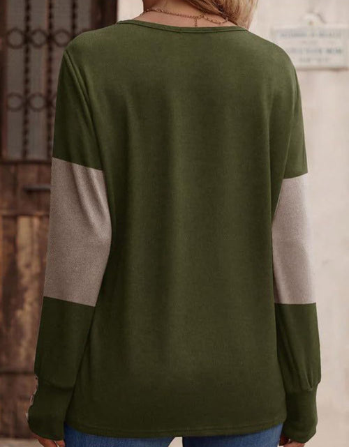 Load image into Gallery viewer, Decorative Button Contrast V-Neck Long Sleeve T-Shirt
