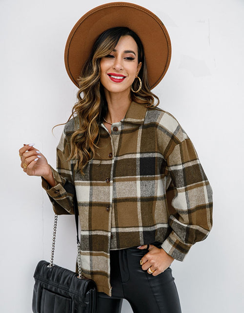 Load image into Gallery viewer, Shiny Plaid Button Up Collared Neck Jacket
