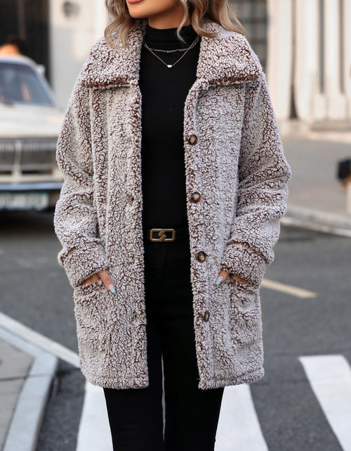 Load image into Gallery viewer, Pocketed Collared Neck Long Sleeve Plush Jacket
