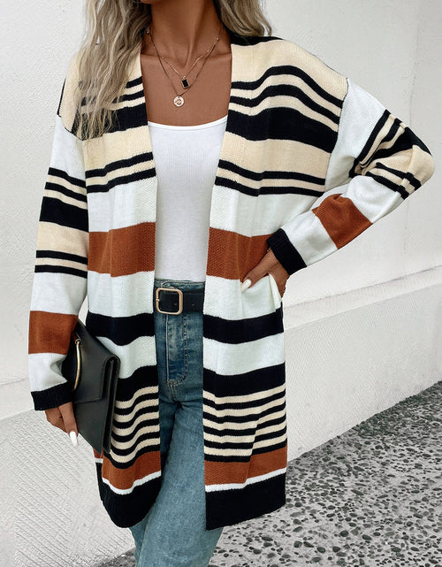 Load image into Gallery viewer, Perfee Striped Open Front Drop Shoulder Cardigan
