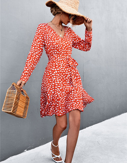 Load image into Gallery viewer, Printed V-Neck Tie Belt Ruffle Hem Mini Dress

