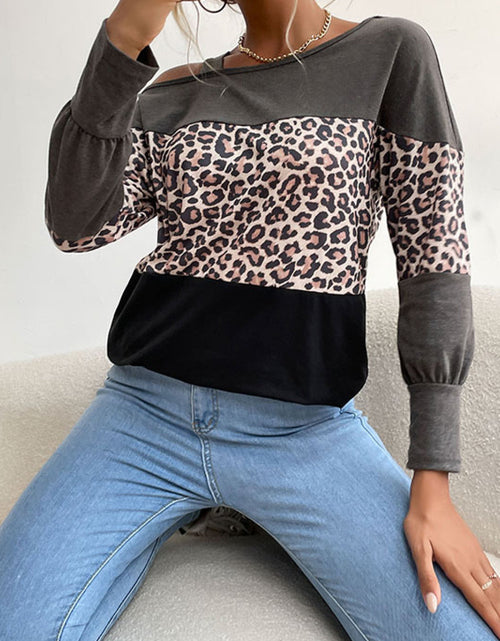 Load image into Gallery viewer, Perfee Leopard Print Color Block Cold  Shoulder Top
