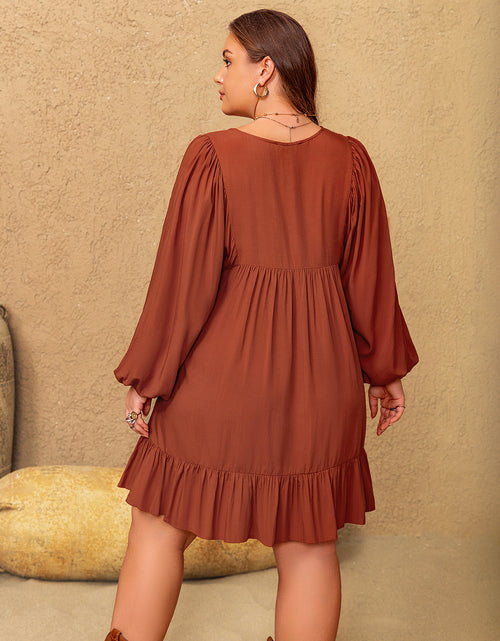 Load image into Gallery viewer, Plus Size Embroidered Tie Neck Balloon Sleeve Mini Dress
