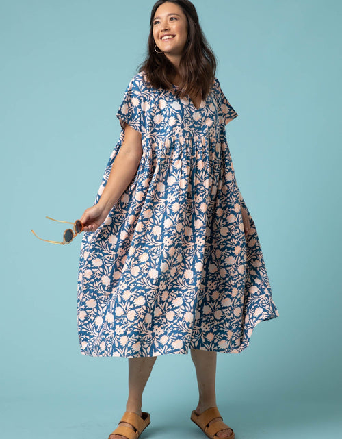 Load image into Gallery viewer, Meadow Dress - Floral Escape in True Navy &amp; Neon Peach by And For Good
