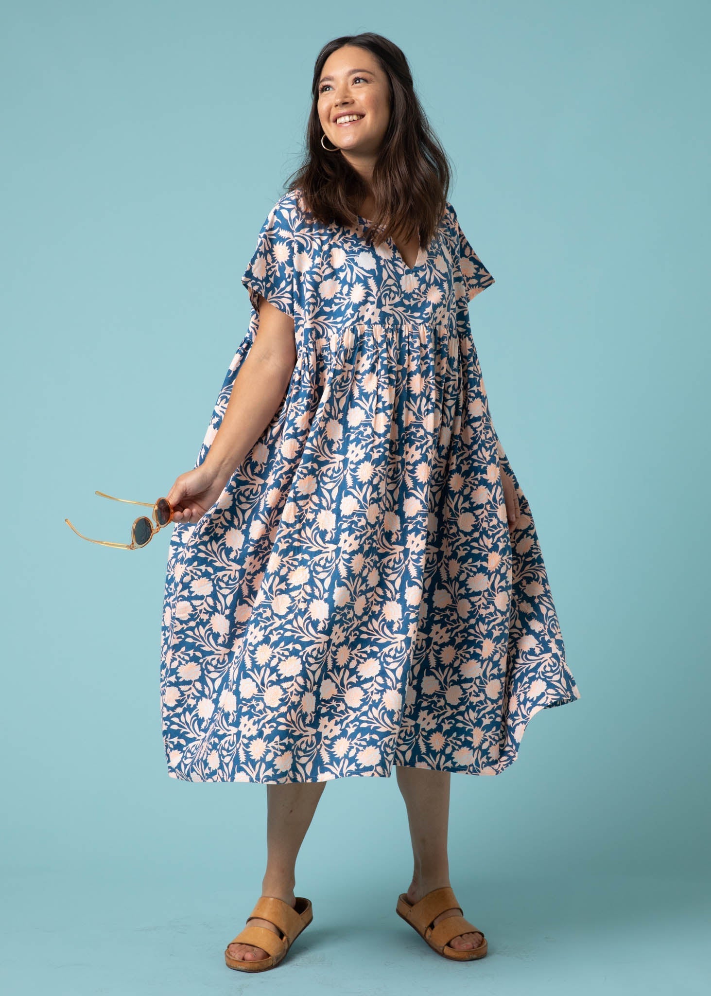 Meadow Dress - Floral Escape in True Navy & Neon Peach by And For Good