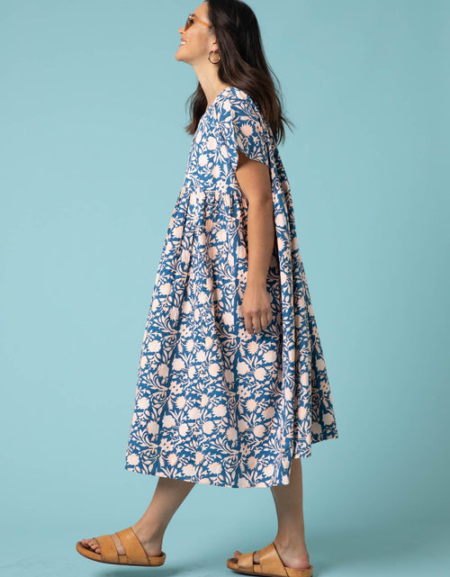 Load image into Gallery viewer, Meadow Dress - Floral Escape in True Navy &amp; Neon Peach by And For Good
