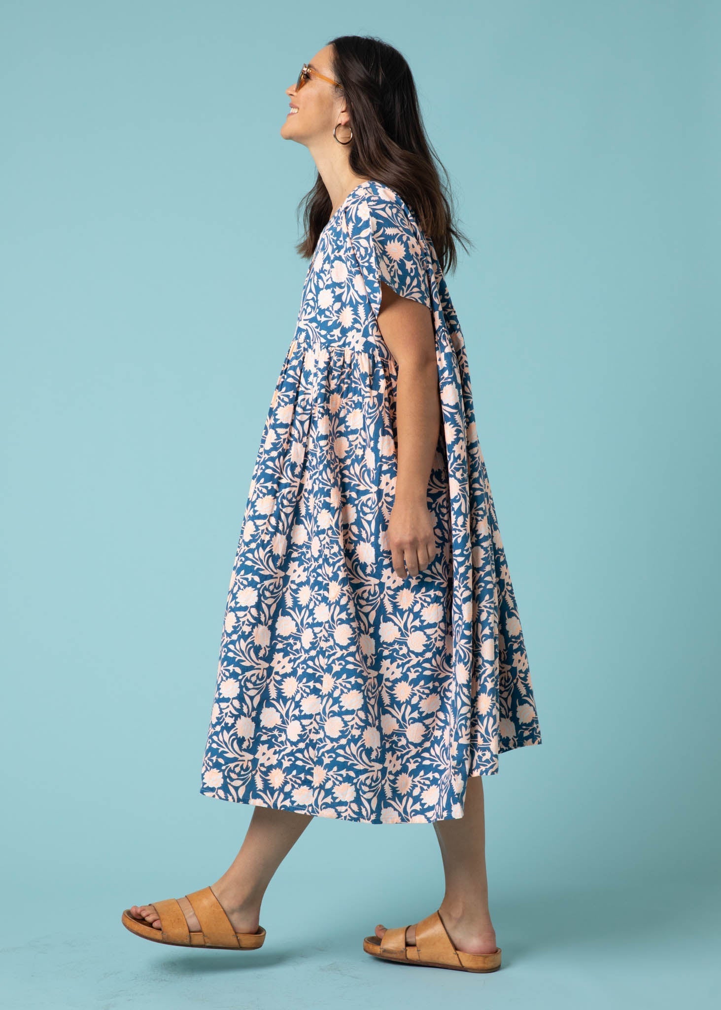 Meadow Dress - Floral Escape in True Navy & Neon Peach by And For Good