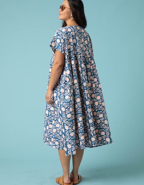 Load image into Gallery viewer, Meadow Dress - Floral Escape in True Navy &amp; Neon Peach by And For Good

