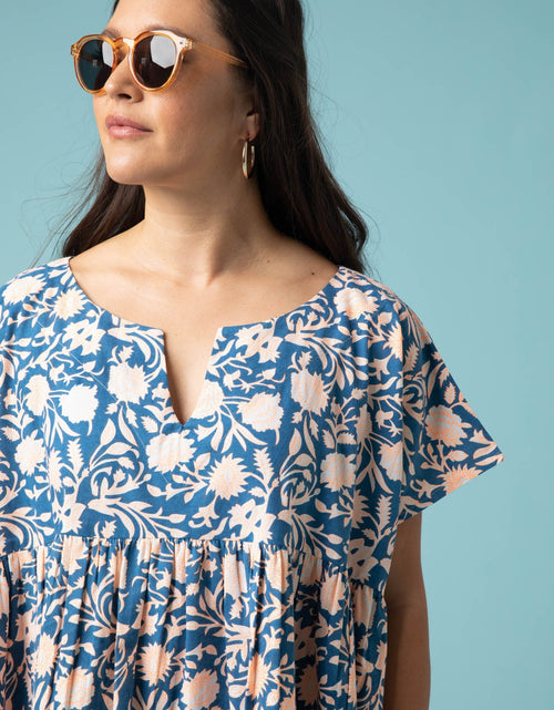 Load image into Gallery viewer, Meadow Dress - Floral Escape in True Navy &amp; Neon Peach by And For Good
