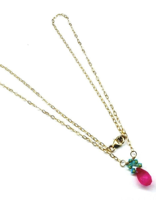 Load image into Gallery viewer, Pink Gemstone Drop and Turquoise Crystal 14 K Gold Filled Necklace by Alexa Martha Designs
