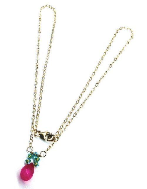 Load image into Gallery viewer, Pink Gemstone Drop and Turquoise Crystal 14 K Gold Filled Necklace by Alexa Martha Designs
