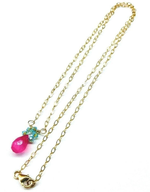 Load image into Gallery viewer, Pink Gemstone Drop and Turquoise Crystal 14 K Gold Filled Necklace by Alexa Martha Designs
