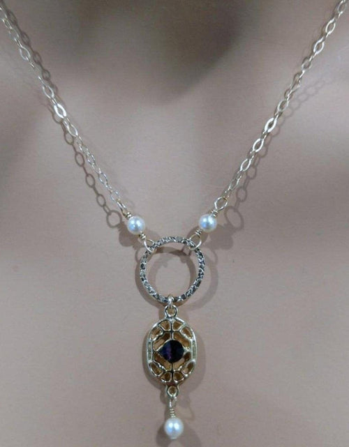 Load image into Gallery viewer, 14 KT Gold-Filled Purple Crystal Circle  Filigree Necklace by Alexa Martha Designs
