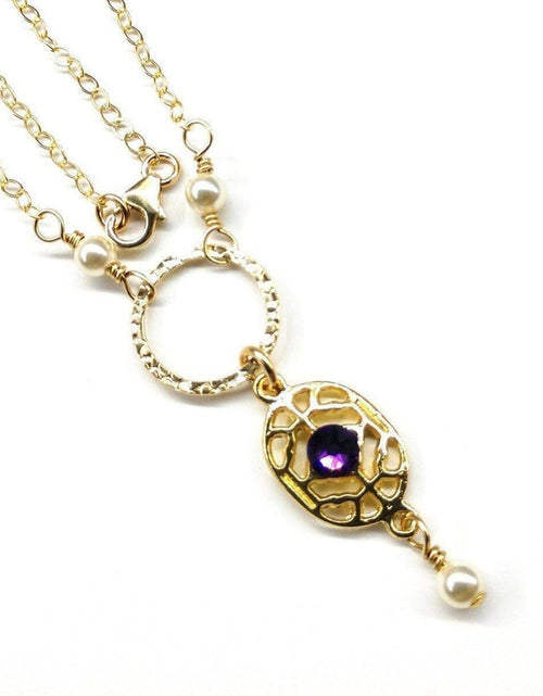 Load image into Gallery viewer, 14 KT Gold-Filled Purple Crystal Circle  Filigree Necklace by Alexa Martha Designs
