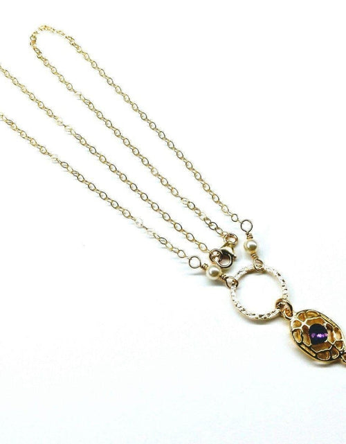 Load image into Gallery viewer, 14 KT Gold-Filled Purple Crystal Circle  Filigree Necklace by Alexa Martha Designs
