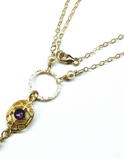 Load image into Gallery viewer, 14 KT Gold-Filled Purple Crystal Circle  Filigree Necklace by Alexa Martha Designs
