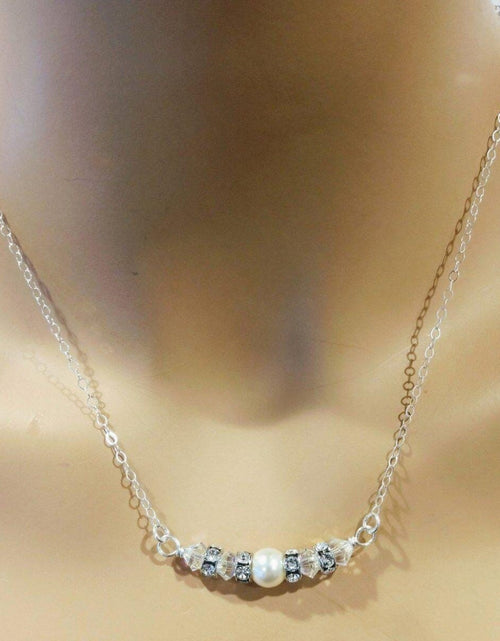 Load image into Gallery viewer, Silver Swarovski Crystal Pearl Bar Bridal Necklace by Alexa Martha Designs
