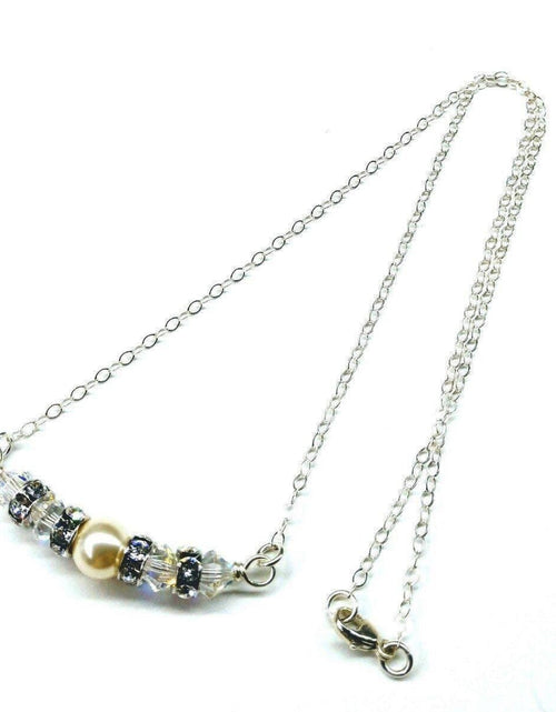 Load image into Gallery viewer, Silver Swarovski Crystal Pearl Bar Bridal Necklace by Alexa Martha Designs
