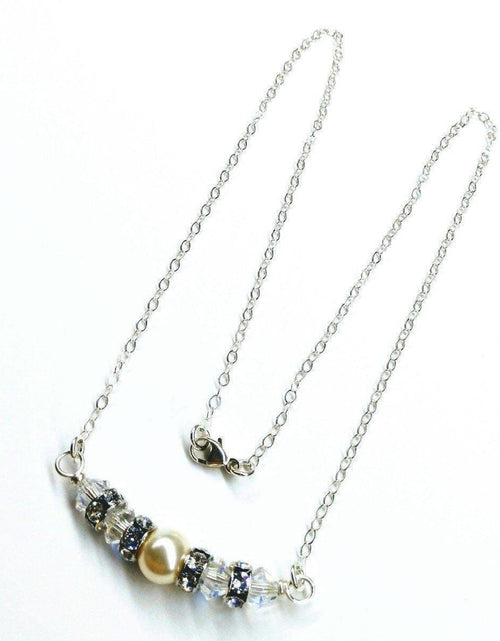 Load image into Gallery viewer, Silver Swarovski Crystal Pearl Bar Bridal Necklace by Alexa Martha Designs
