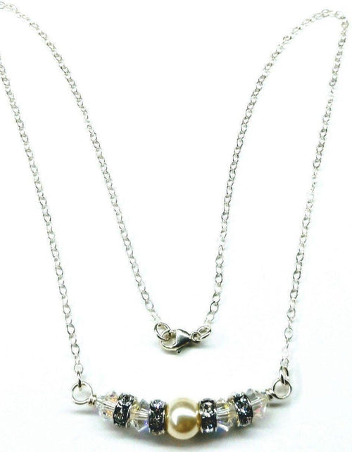 Load image into Gallery viewer, Silver Swarovski Crystal Pearl Bar Bridal Necklace by Alexa Martha Designs
