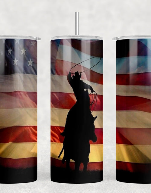 Load image into Gallery viewer, American Flag Cowboy|Skinny Tumbler|Optional Bluetooth Speaker| Speaker Color Varies by Rowdy Ridge Co
