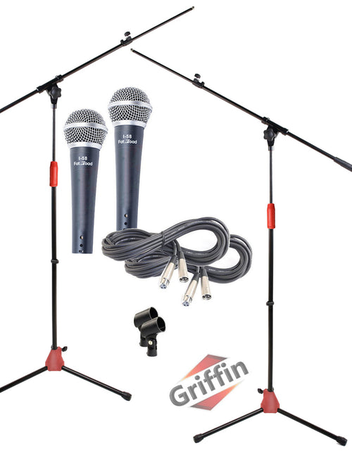 Load image into Gallery viewer, GRIFFIN Microphone Boom Stand, Cardioid Dynamic Mic, XLR Cable, &amp; Clip (Pack of 2) - Telescoping Arm by GeekStands.com
